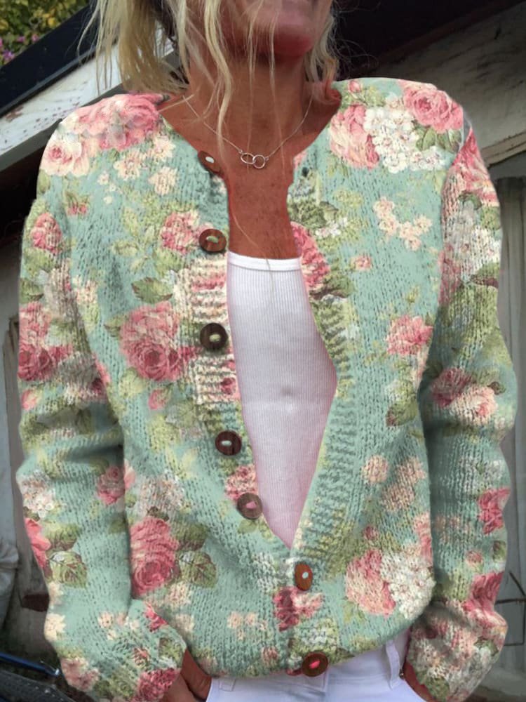 Gebloemde Cardigan Voor Dames – Warme Gebreide Trui Met Elegante Knoopdetails