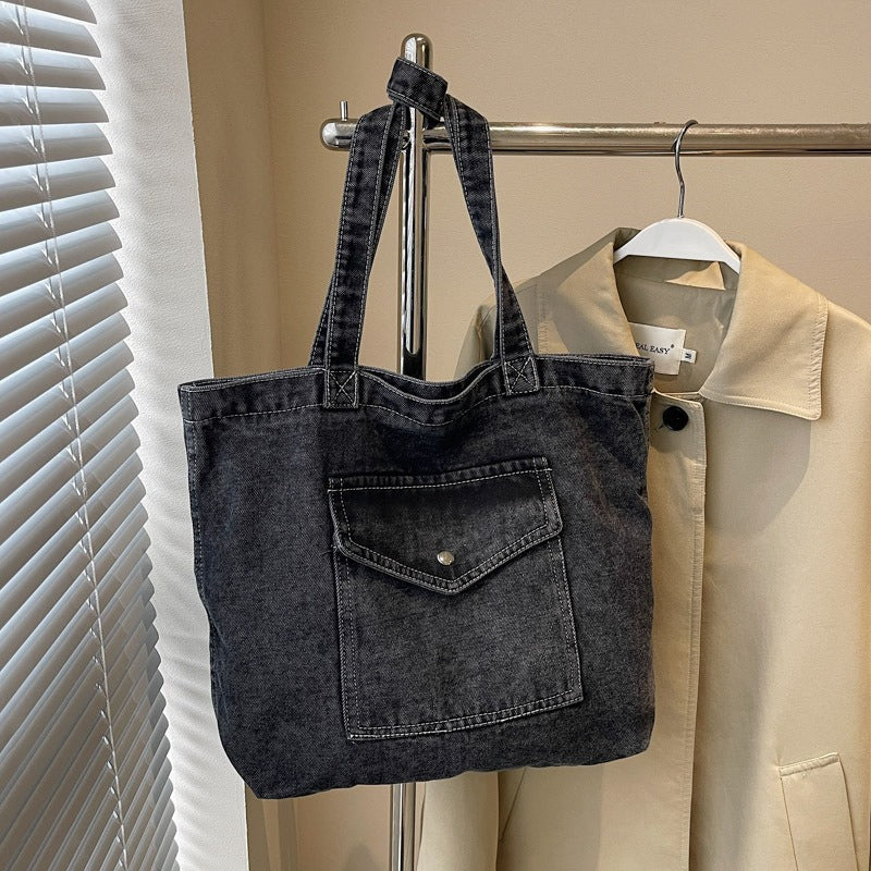 ROOS | Denim Tote Bag Voor Dames Met Voorvak En Lange Hengsels – Casual, Praktisch, Tijdloos