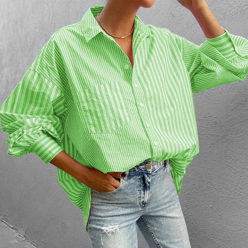 MAKENA | Oversized Dames Blouse - Gestreept Met Borstzakje
