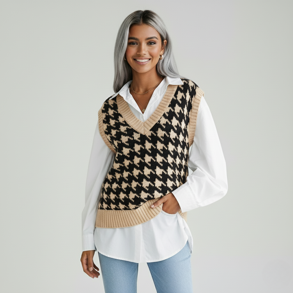 Dames Geruite Gebreide Vest-Top – Tijdloos, Stijlvol & Perfect om te Layeren
