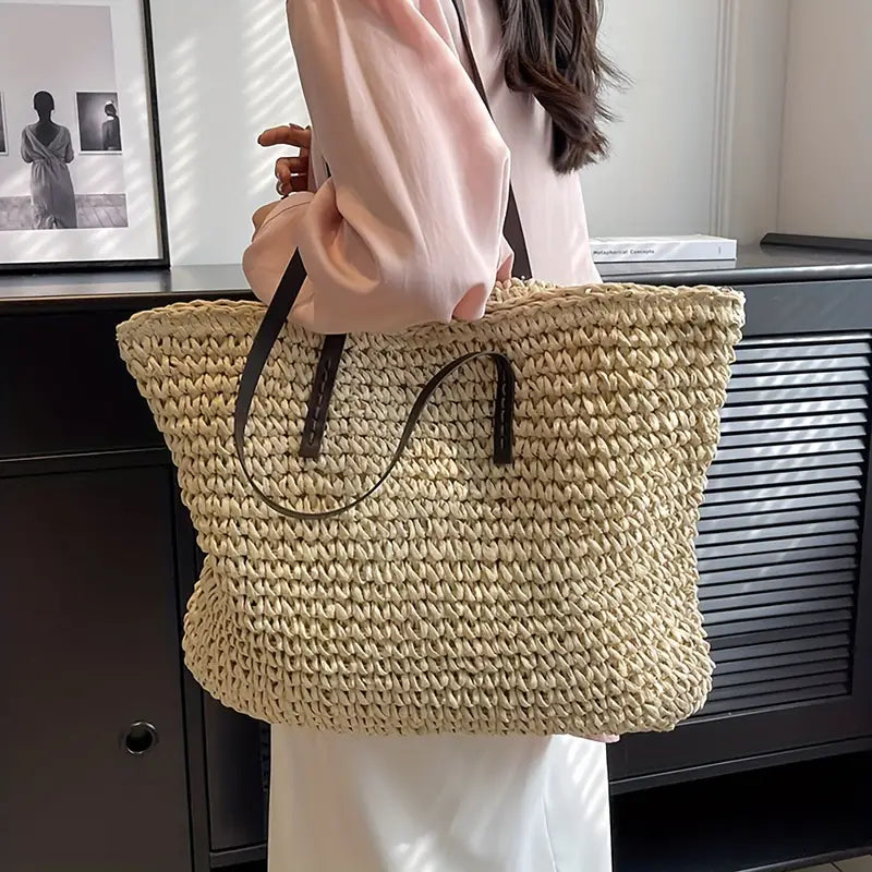 JUNE | Dames Tote Bag Met Geweven Design & Ritssluiting – Ruim Formaat & Lange Comfortabele Schouderhengsels