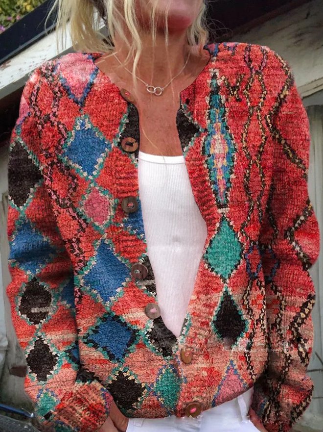 Gebloemde Cardigan Voor Dames – Warme Gebreide Trui Met Elegante Knoopdetails