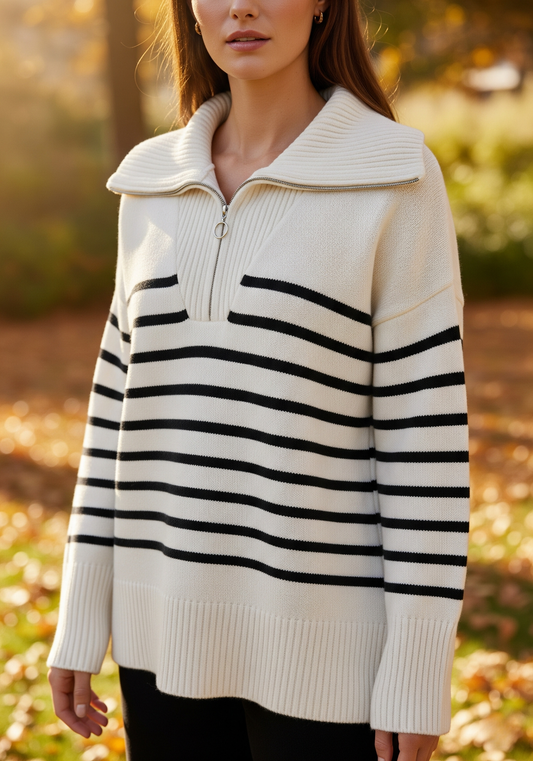 MAE | Gestreepte Half-Zip Trui Voor Dames – Warm, Stijlvol & Ideaal Voor Frisse Dagen