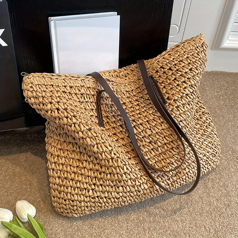 JUNE | Dames Tote Bag Met Geweven Design & Ritssluiting – Ruim Formaat & Lange Comfortabele Schouderhengsels