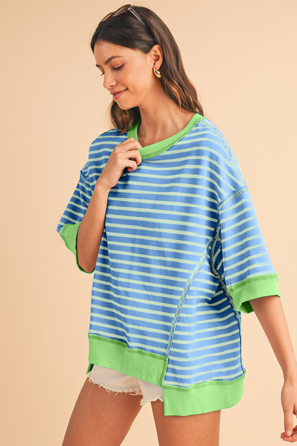 ISA | Gestreept Loose Fit T-Shirt Voor Dames Met Contrast Trim En Wijde Mouwen – Comfortabel, Casual, Stijlvol