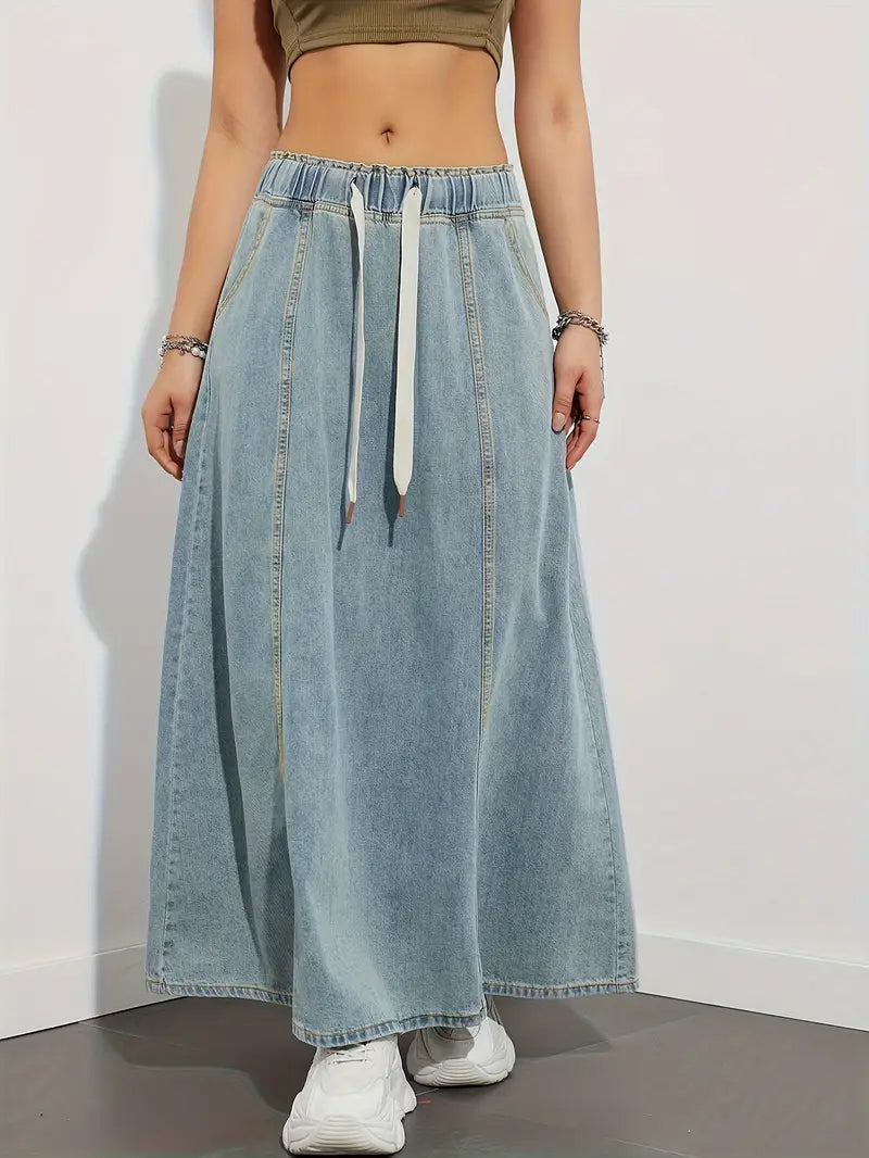 JOLENE | Denim Maxi A-Lijn Rok met Lace Design