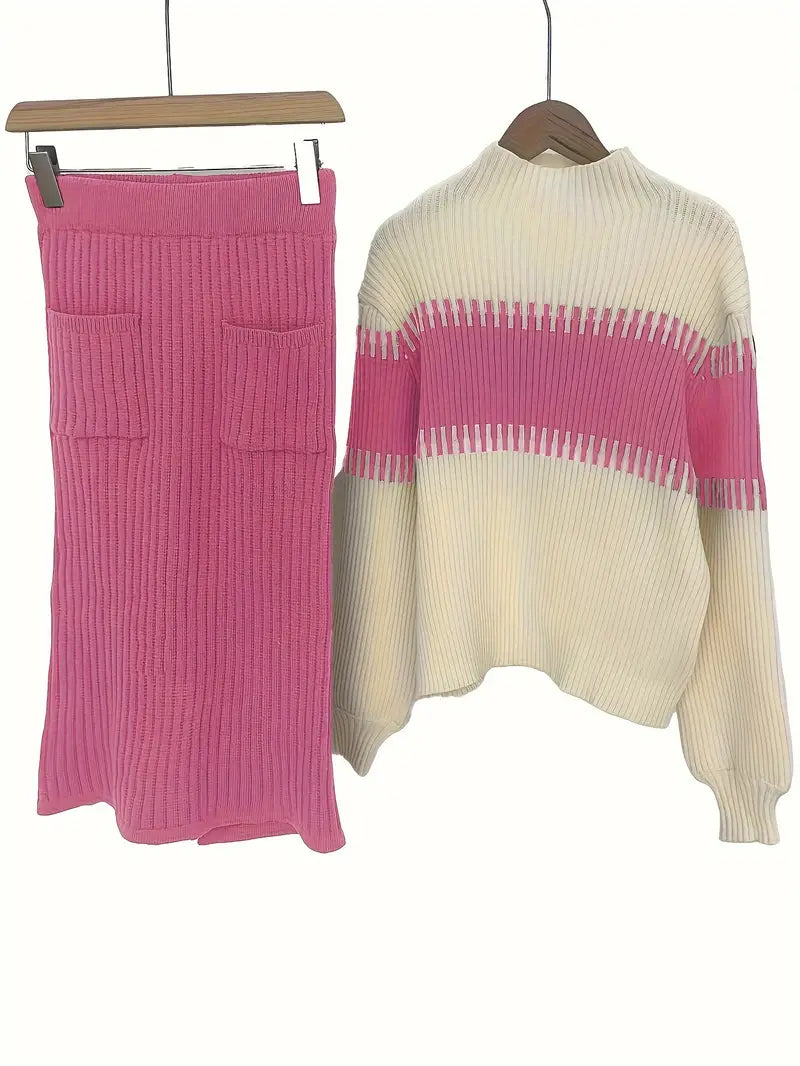MIREILLE | Gebreide Dames Rok & Trui Set Met Kleuraccent – Stijlvol, Comfortabel & Perfect Voor De Koude Dagen
