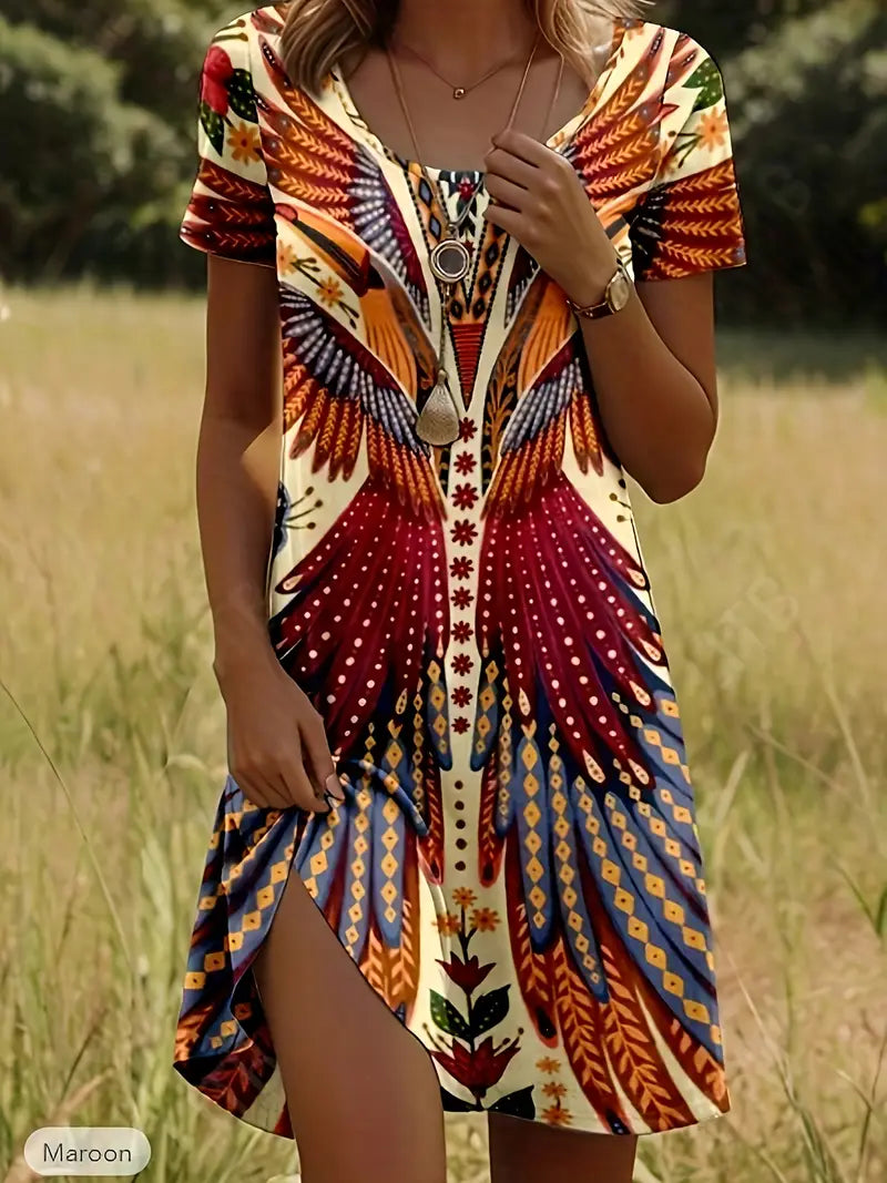 HANA | Korte Zomerjurk Met Vleugelprint – Kleurrijk, Comfortabel & Boho-chic Voor Elke Dag
