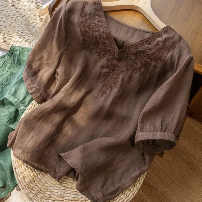NATALIA | Geborduurde Linnen Dames Blouse met V-Hals – Luchtig, Boho & Elegant
