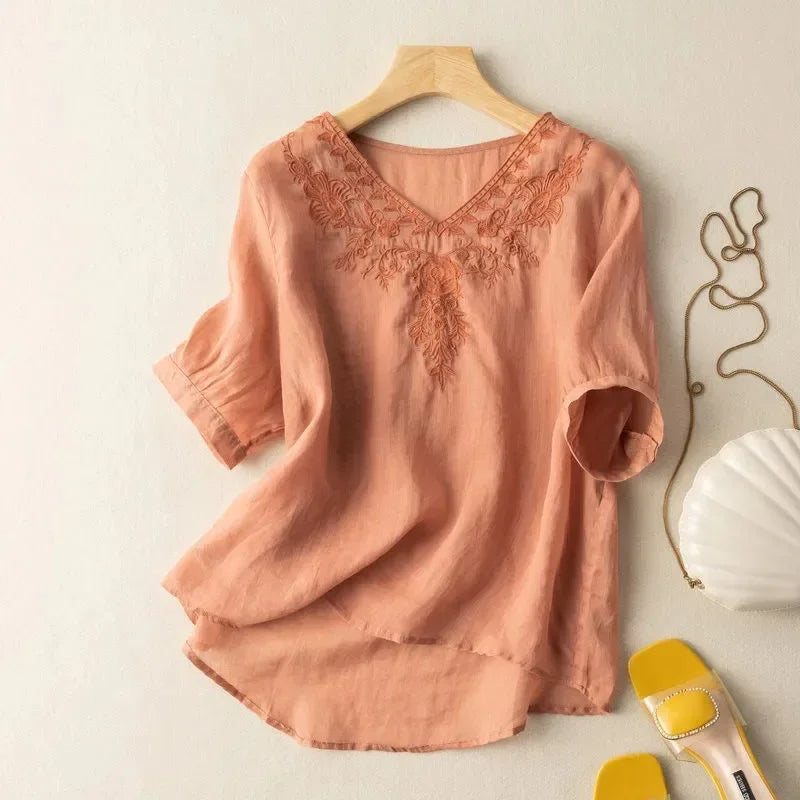 NATALIA | Geborduurde Linnen Dames Blouse met V-Hals – Luchtig, Boho & Elegant