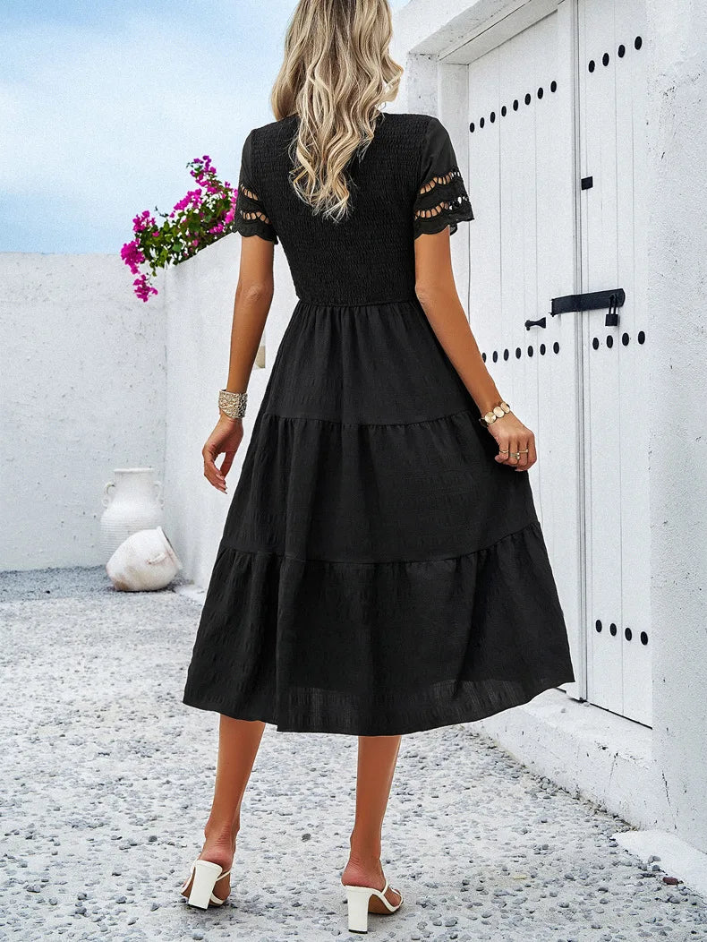 NOEMI | Luchtige Midi Jurk Met Smockdetail En Korte Mouwen – Comfortabel, Romantisch, Vakantieproof