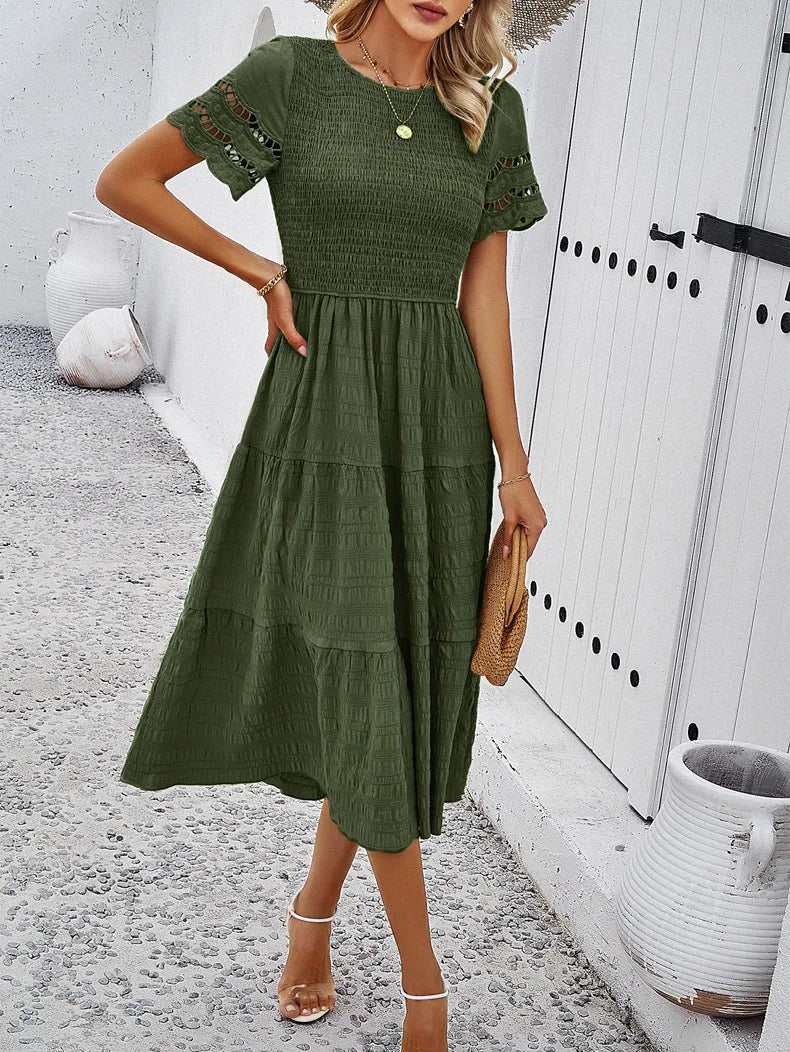 NOEMI | Luchtige Midi Jurk Met Smockdetail En Korte Mouwen – Comfortabel, Romantisch, Vakantieproof