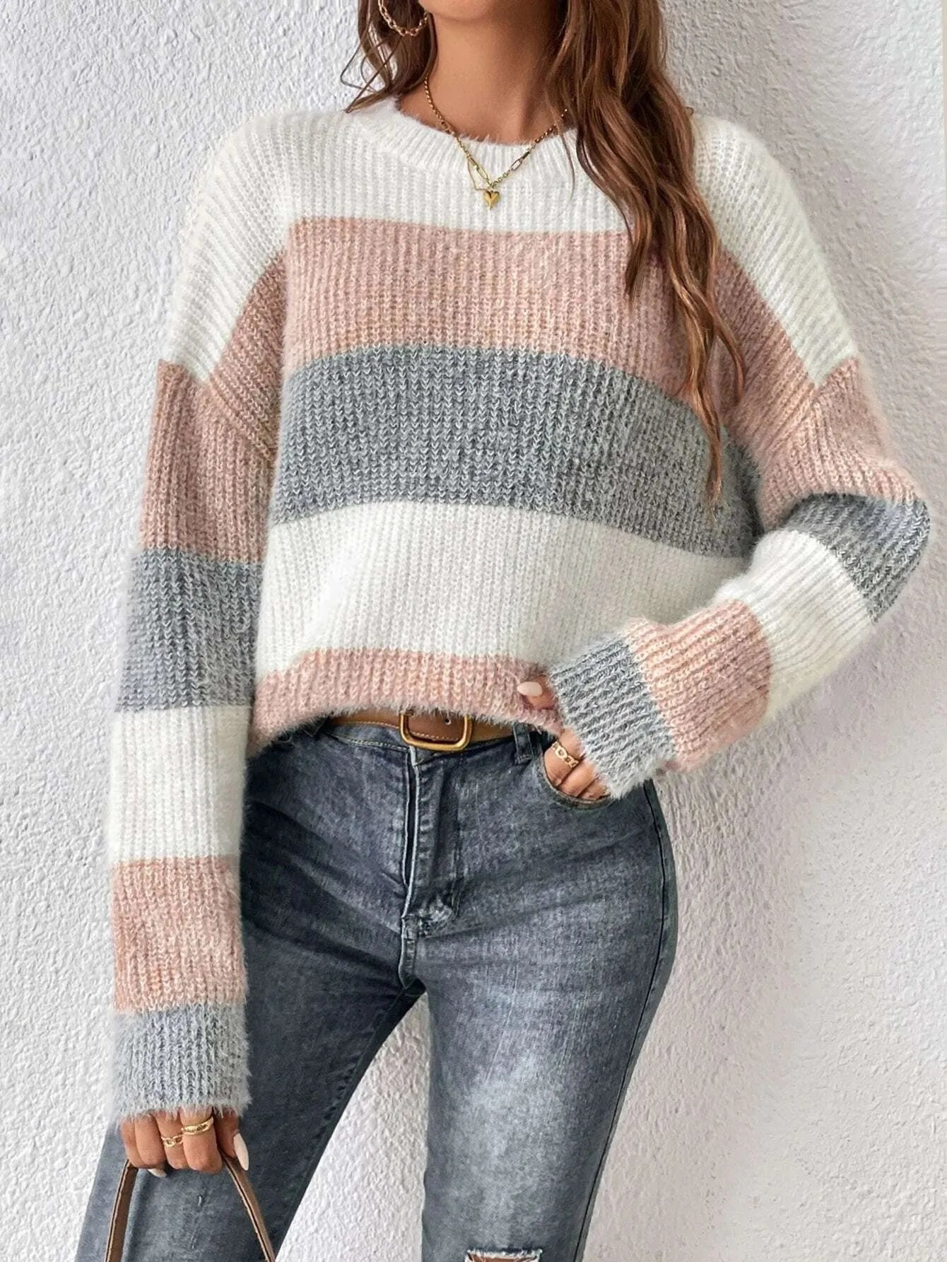 Grof Gebreide Trui Voor Dames Met Brede Strepen – Warm,Casual Stijl & Perfect voor het Najaar