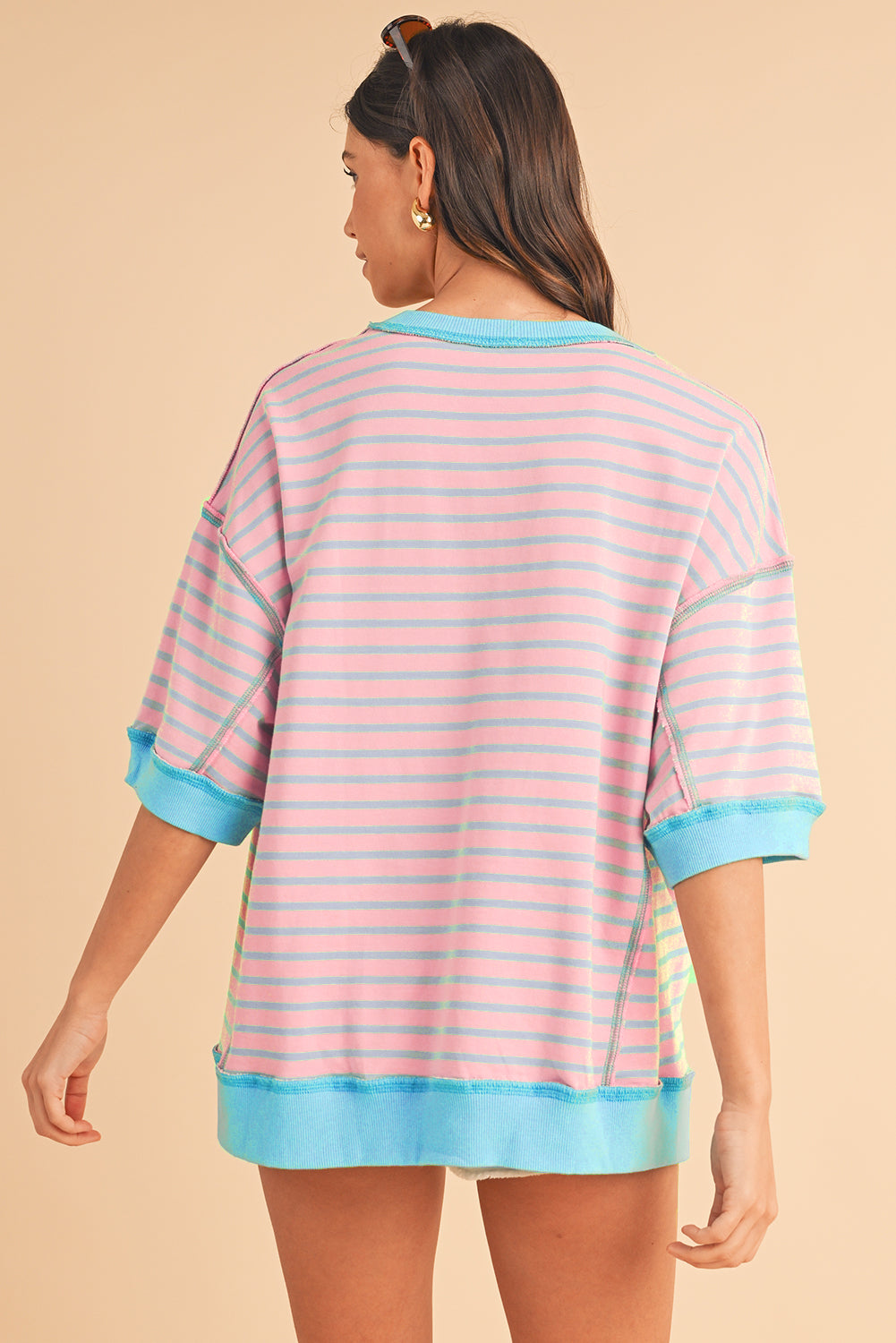 ISA | Gestreept Loose Fit T-Shirt Voor Dames Met Contrast Trim En Wijde Mouwen – Comfortabel, Casual, Stijlvol