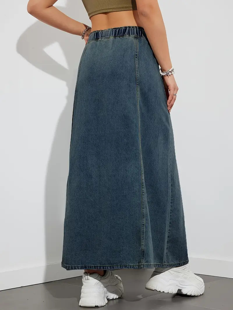 JOLENE | Denim Maxi A-Lijn Rok met Lace Design