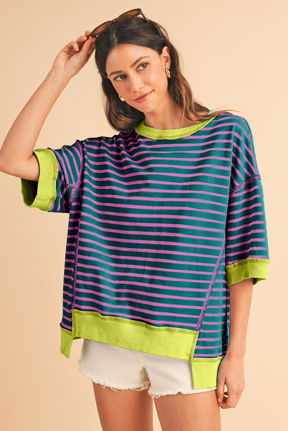 ISA | Gestreept Loose Fit T-Shirt Voor Dames Met Contrast Trim En Wijde Mouwen – Comfortabel, Casual, Stijlvol
