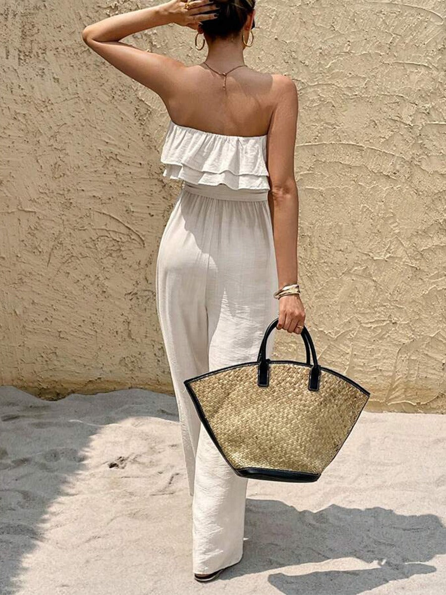 NOELIA | Lange Jumpsuit Met Strapless Hals En Ruches – Licht, Elegant & Tijdloos