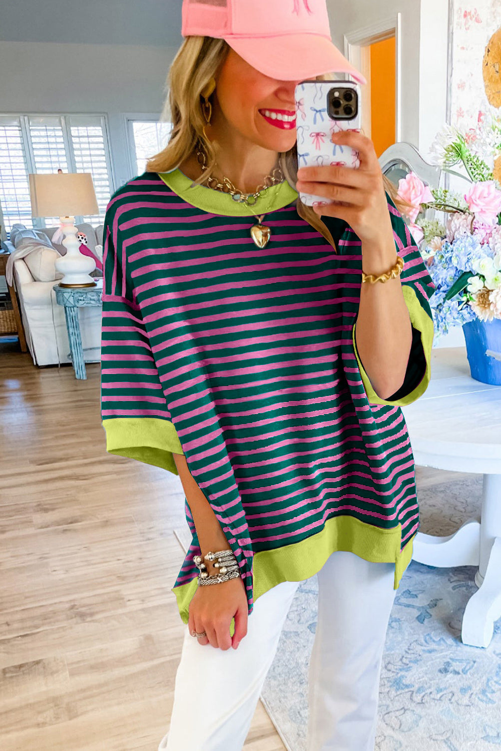 ISA | Gestreept Loose Fit T-Shirt Voor Dames Met Contrast Trim En Wijde Mouwen – Comfortabel, Casual, Stijlvol