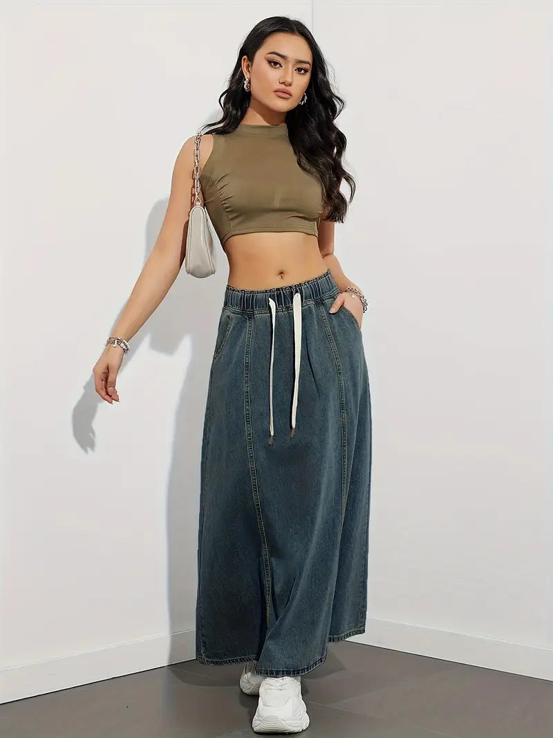 JOLENE | Denim Maxi A-Lijn Rok met Lace Design