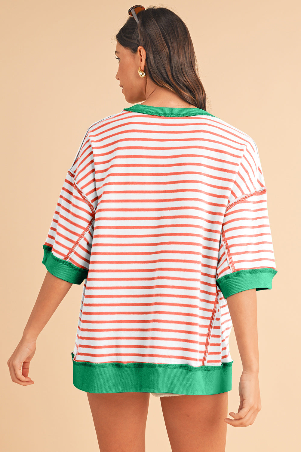 ISA | Gestreept Loose Fit T-Shirt Voor Dames Met Contrast Trim En Wijde Mouwen – Comfortabel, Casual, Stijlvol