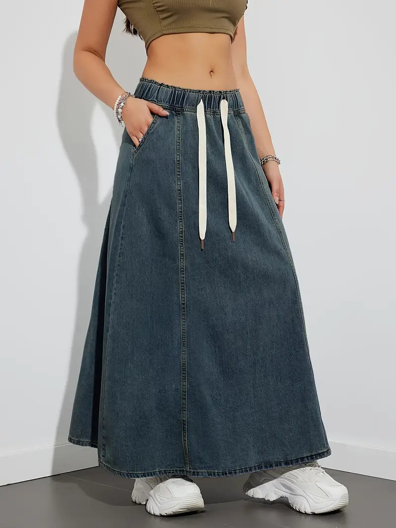 JOLENE | Denim Maxi A-Lijn Rok met Lace Design