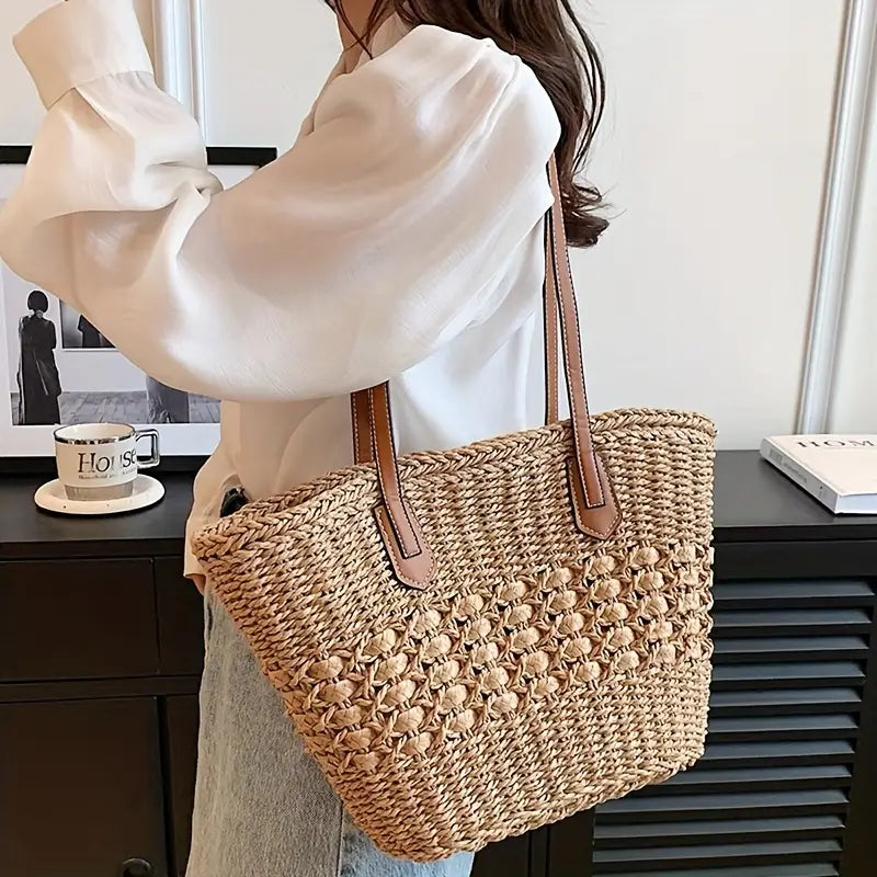 LIV | Gevlochten Strandtas Met Leren Details – Ruim, Stijlvol & Onmisbaar Deze Zomer