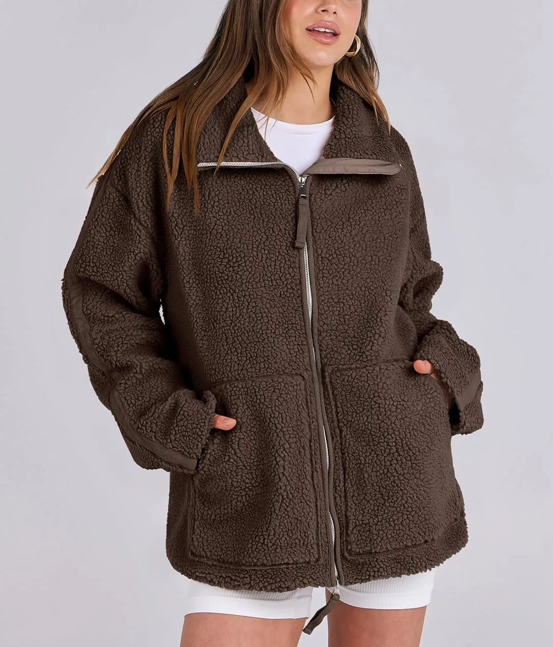 ROMY | Oversized Lamswollen Damesjas met Rits en Staande Kraag - Warm, Stijlvol & Perfect voor de Frisse Dagen