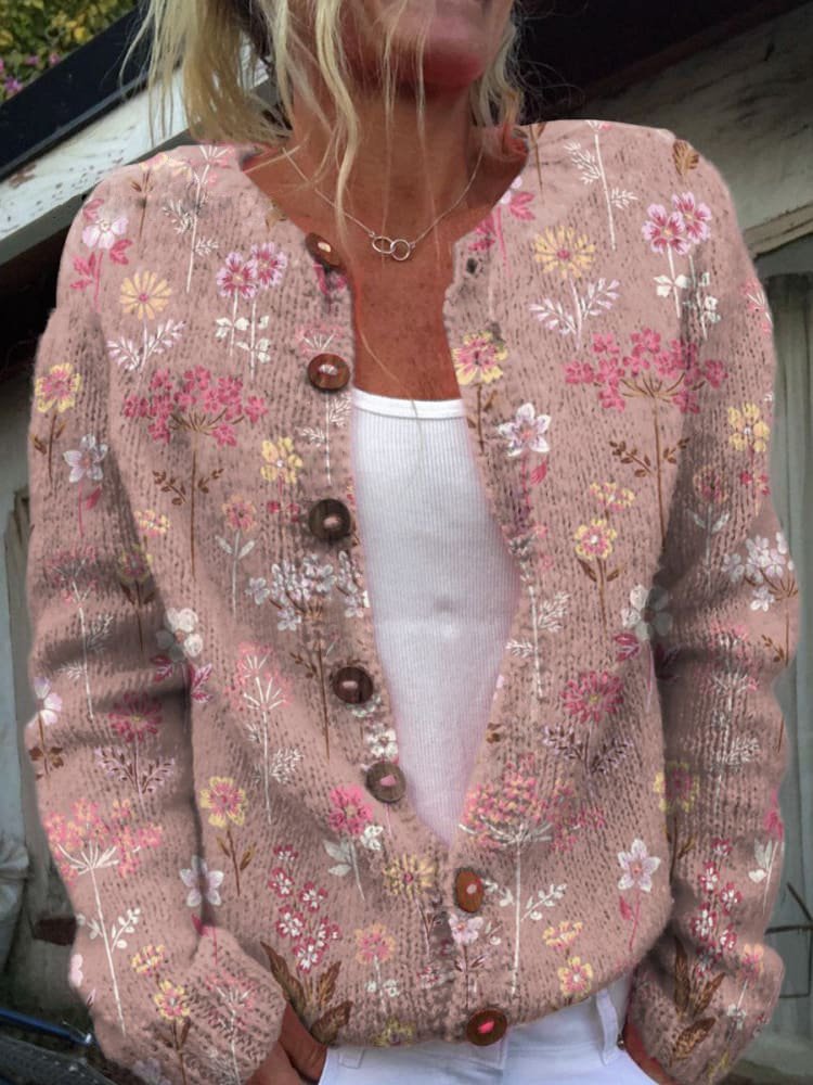 Gebloemde Cardigan Voor Dames – Warme Gebreide Trui Met Elegante Knoopdetails