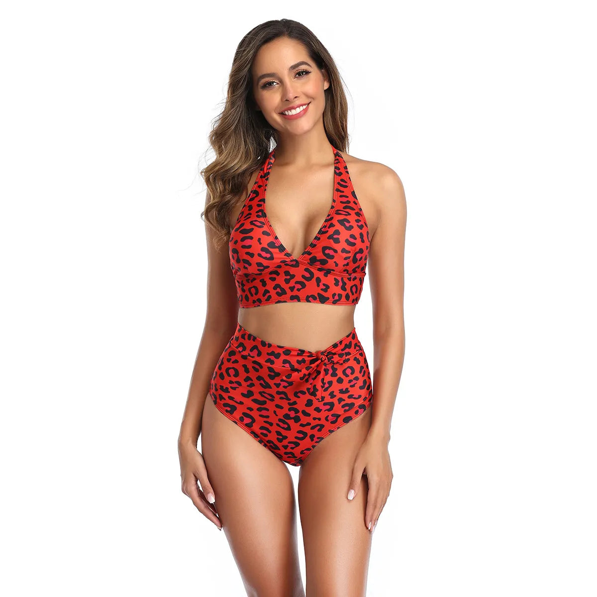 LÉONA | Elegante High Waist Bikini met Luipaardprint en Haltertop - Zomers & Comfortabel