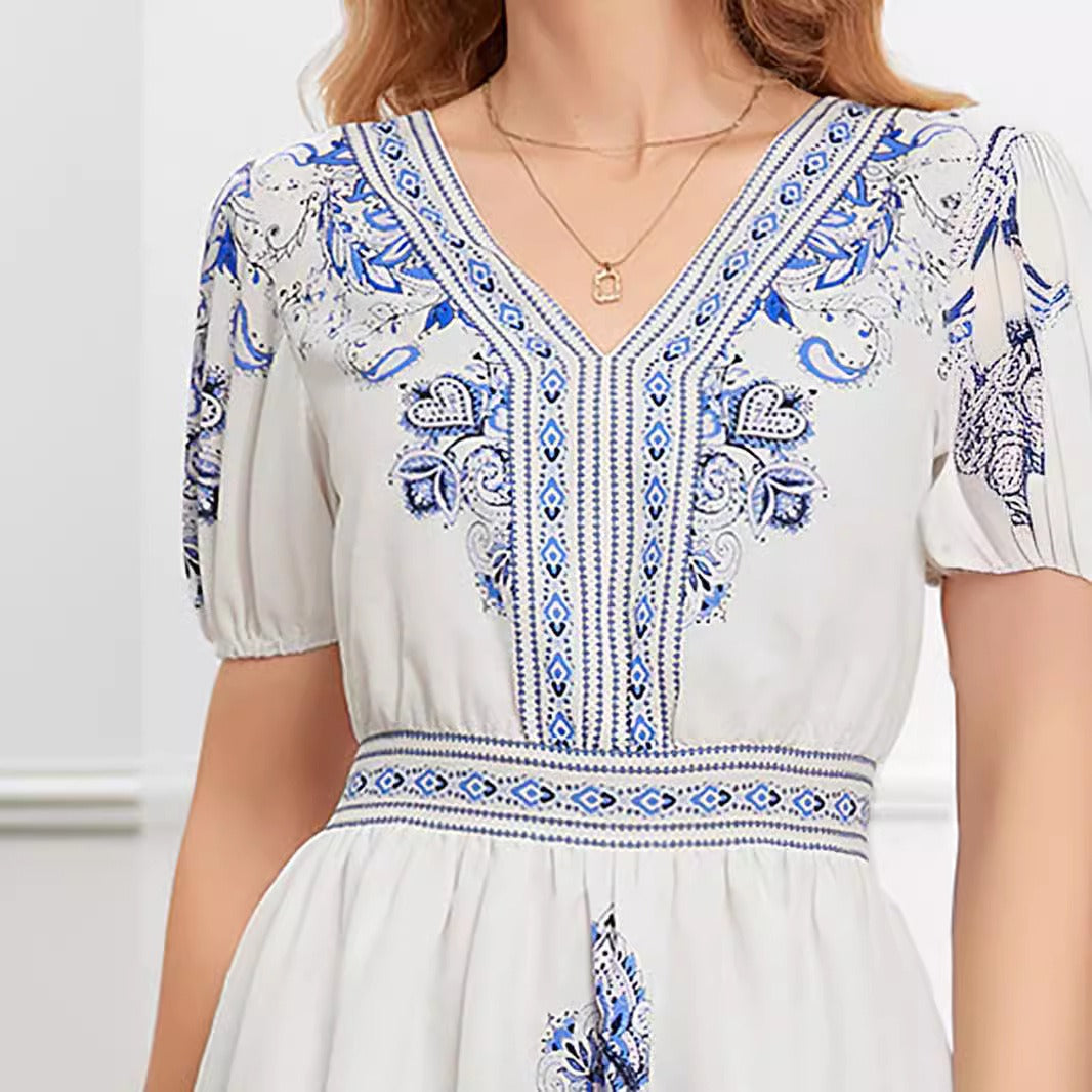SAMANTHA | Zomerse Dames Jurk Met Elegante Blauwe Print - Stijlvol & Uniek
