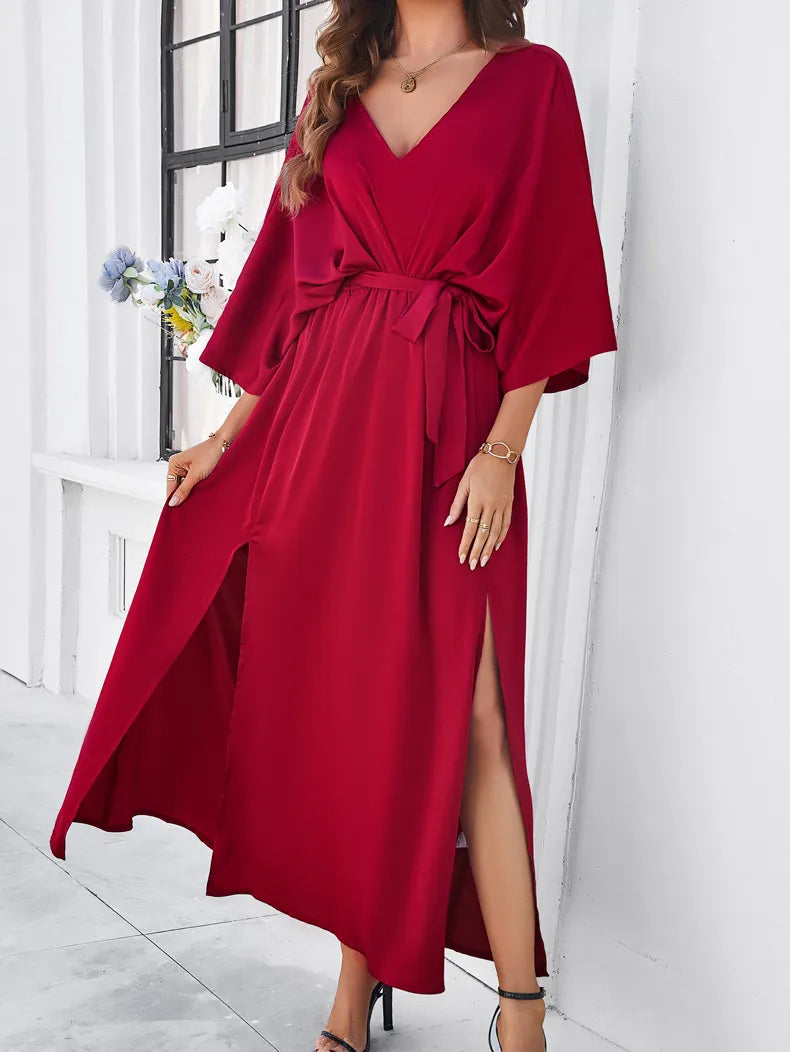 CÉLESTE | Chique Damesjurk Met V-Hals, Strikdetail & Split – Elegant & Vrouwelijk Voor Feestelijke Gelegenheden