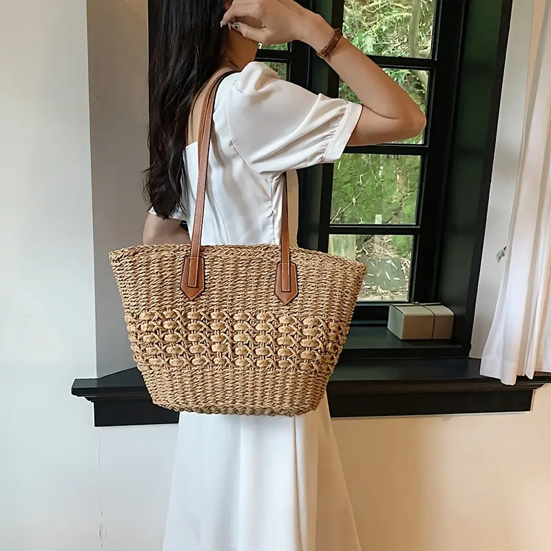 LIV | Gevlochten Strandtas Met Leren Details – Ruim, Stijlvol & Onmisbaar Deze Zomer