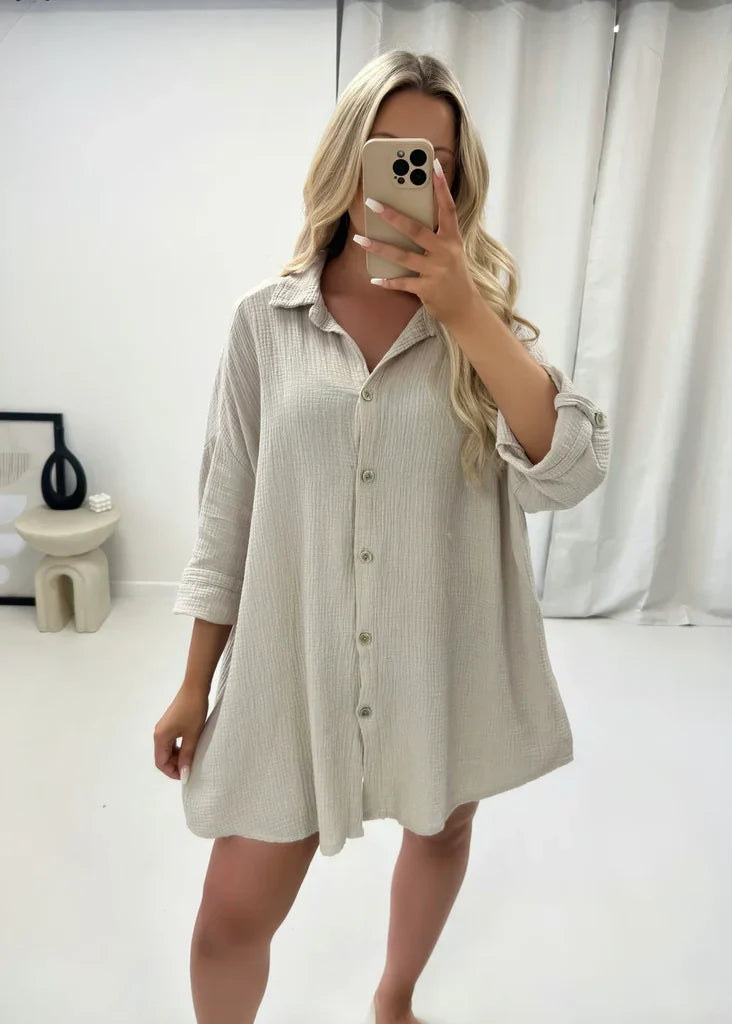 KYLIE | Oversized Linnen Blouse Dames – Met Geborduurd Oog & Bohemian Flair