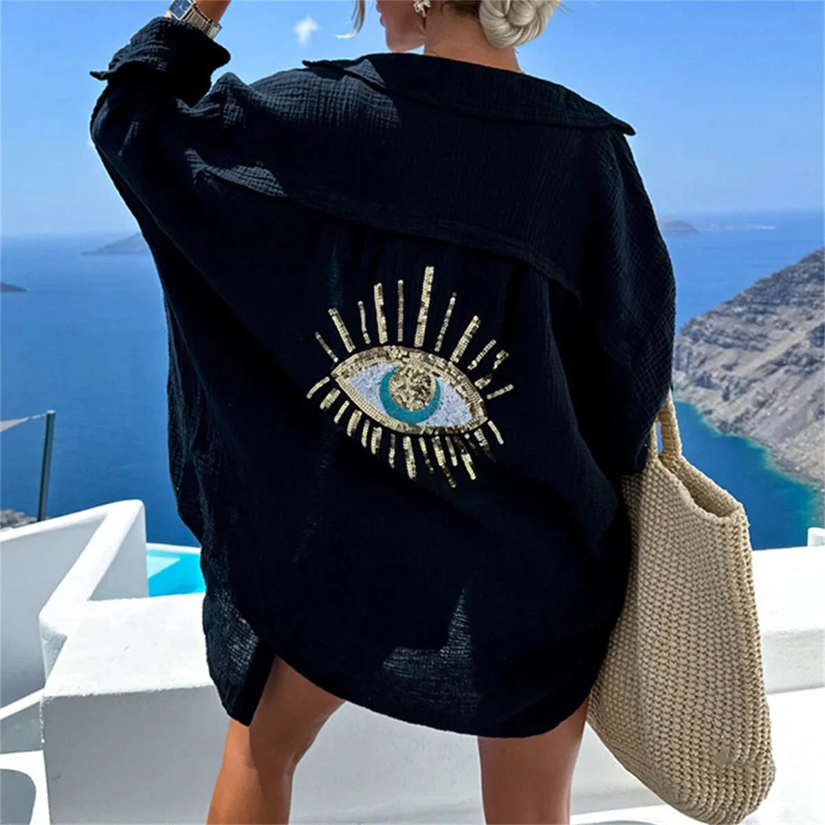 KYLIE | Oversized Linnen Blouse Dames – Met Geborduurd Oog & Bohemian Flair