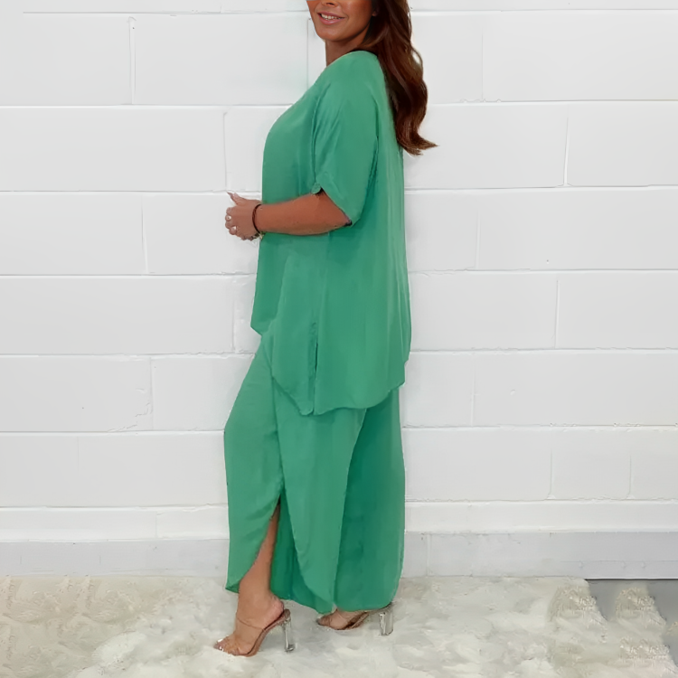 JULES | Dames 2 Delige Relaxed Fit Set Wijdvallende Top & Korte Mouw – Comfortabele Flared Broek