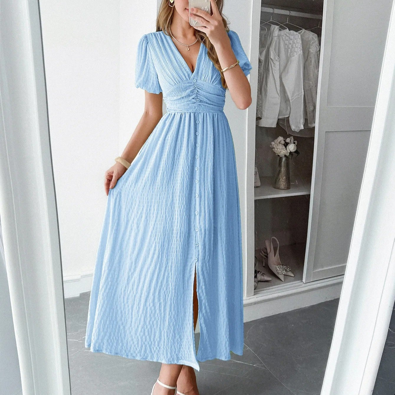 DALIA | Lange Damesjurk met Gekruiste V-Hals & Split – Tijdloze Klasse voor Elke Elegante Gelegenheid
