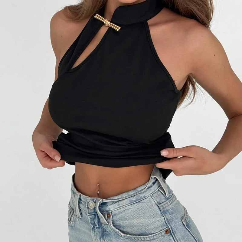INDIRA | Dames Haltertop Zonder Mouwen Met Hoepelhals – Nauwsluitend, Elegant & Edgy