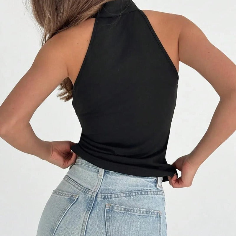INDIRA | Dames Haltertop Zonder Mouwen Met Hoepelhals – Nauwsluitend, Elegant & Edgy