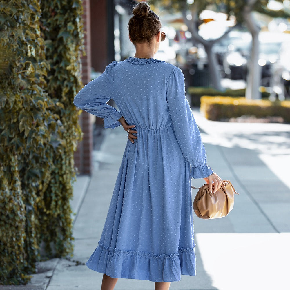 AITANA | Dames Midi-Jurk – Plumeti-Textuur – Pofmouw – Flatterende Snit – Romantische Look