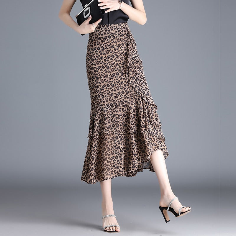 RENATA | Elegante Dames Midirok in Chiffon met Dierenprint en Ruches