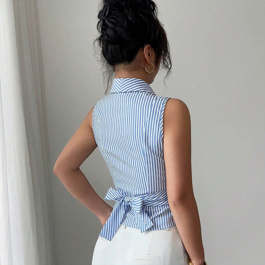 RENATA | Mouwloze Dames Blouse met Kruis Design & Strepen – Slim Fit, Elegant & Zakelijk Chic