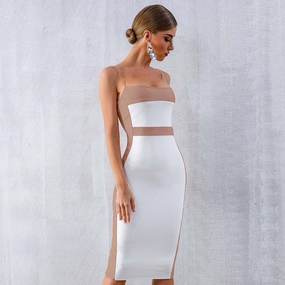TERESA | Dames Midi-Jurk Met Dunne Bandjes En Tweekleurig Design – Verfijnd, Slank & Perfect Voor Avondelegantie