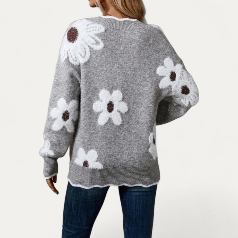 Gebreide DamesTrui Met Bloemen & V-hals | Speelse Elegantiewaarde Voor Elke Dag