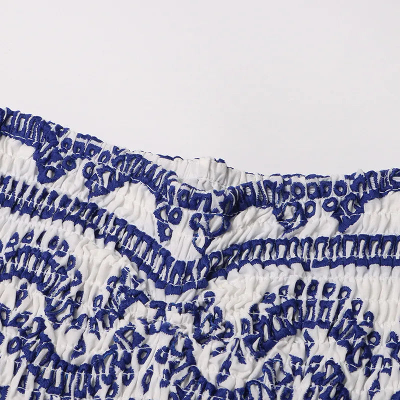 SANTORINI | Strapless Zomerjurk in Blauw Gelaagd Ontwerp – Elegant, Licht & Veelzijdig!