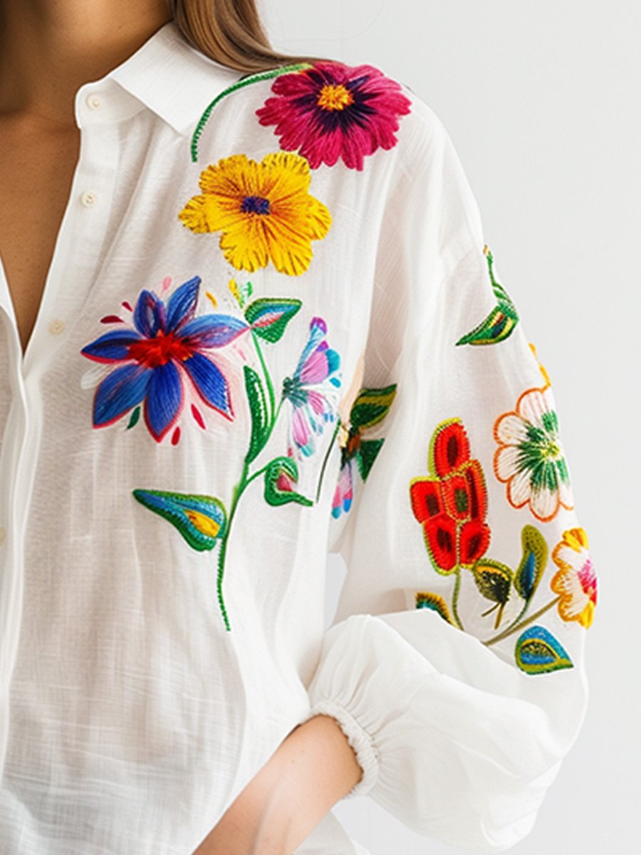 FLORY | Witte Linnen Dames Blouse Met Bloemen Boduur Design - Zomers & Elegant