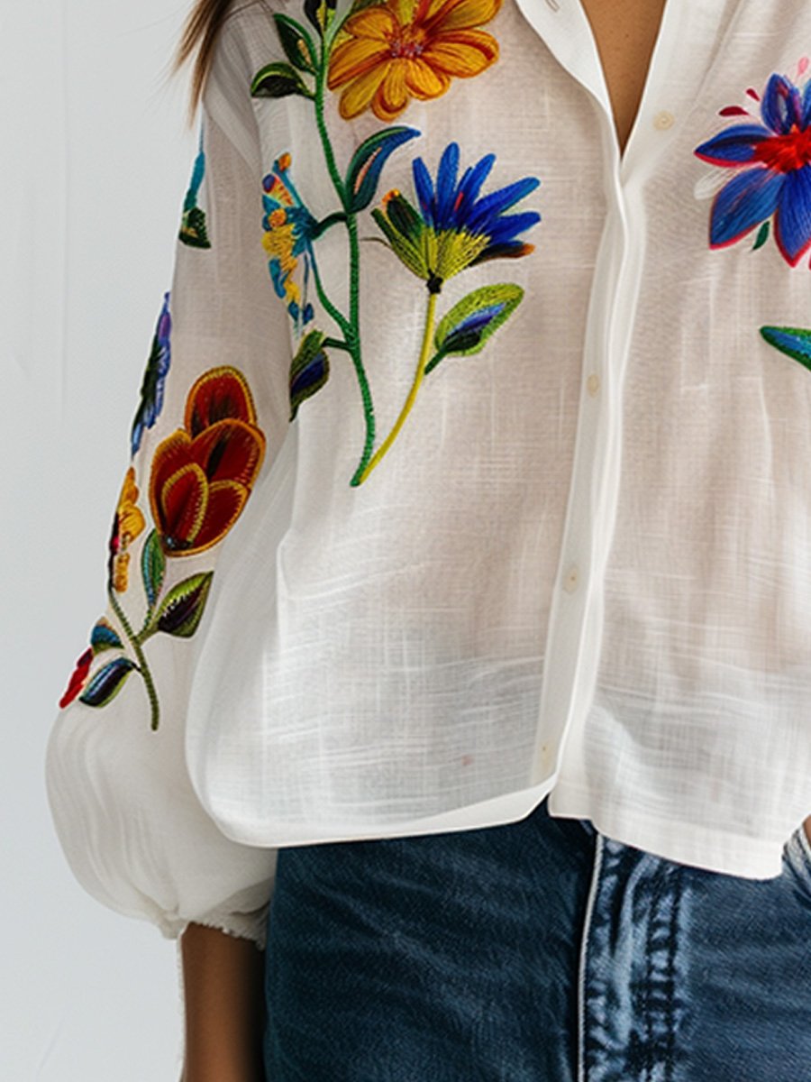 FLORY | Witte Linnen Dames Blouse Met Bloemen Boduur Design - Zomers & Elegant