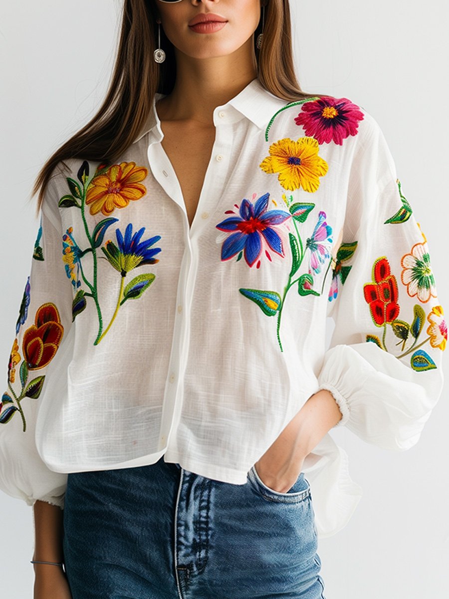 FLORY | Witte Linnen Dames Blouse Met Bloemen Boduur Design - Zomers & Elegant