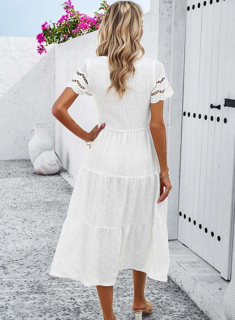 NOEMI | Luchtige Midi Jurk Met Smockdetail En Korte Mouwen – Comfortabel, Romantisch, Vakantieproof