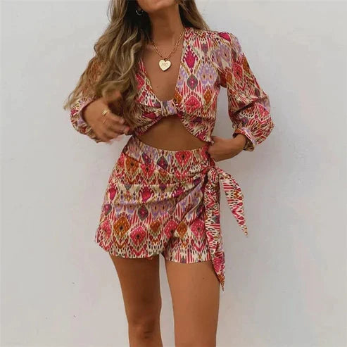 TINA | Elegante Dames Zomer Set Met Blousetop en Wikkelshort – Vrouwelijk, Speels & Zomers