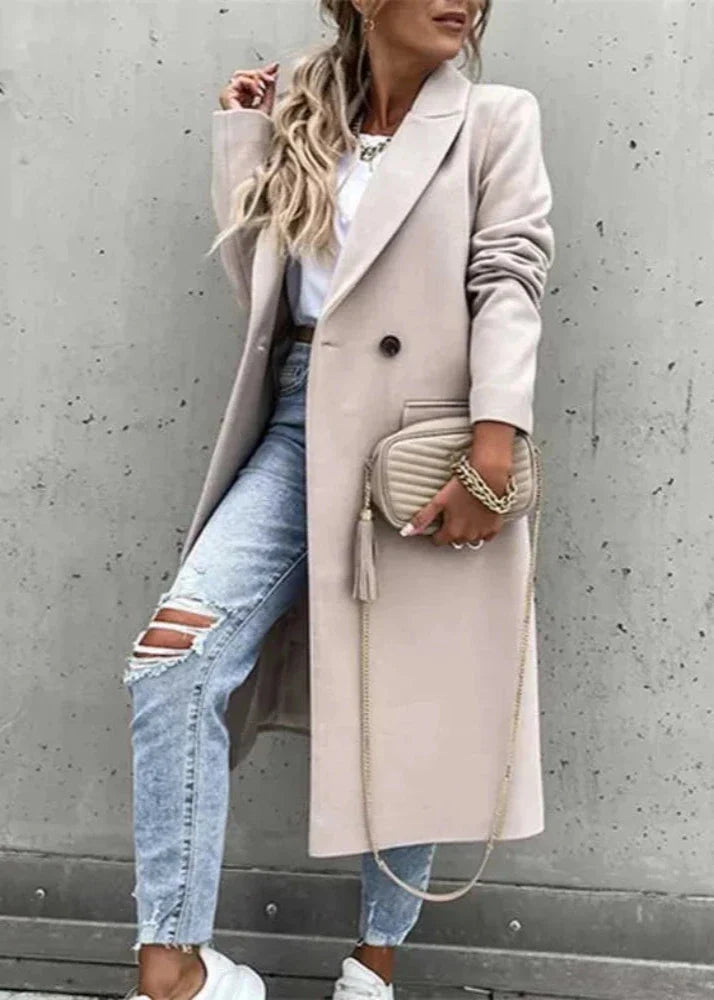 Elegante Wollen Winterjas Voor Dames – Lang Model Met Klassieke Pasvorm